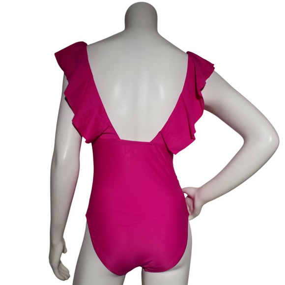 J Crew Ruched Ruffle One Piece Swimsuit 18 Pink V Neck Open Back NWT - Picture 4 of 8